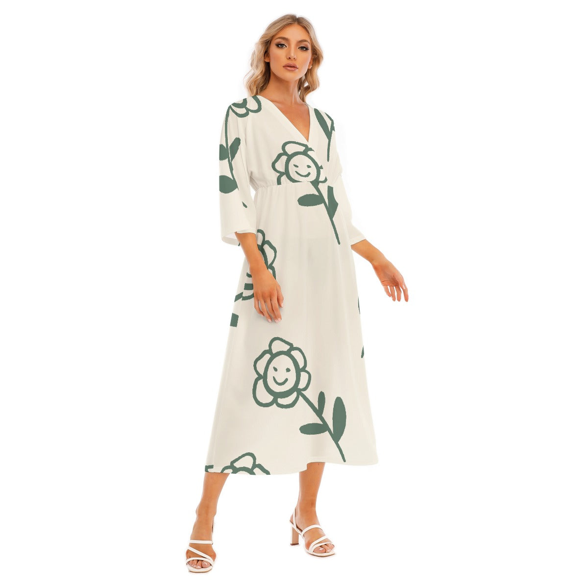All-Over Print Women's Mid-Sleeve Long Dress