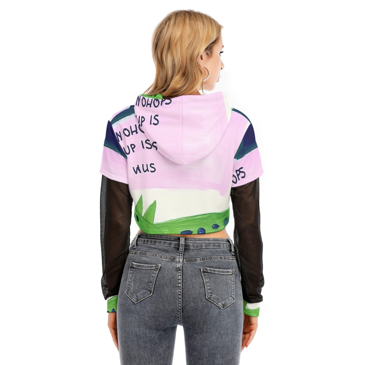 All-Over Print Women's Fake Two-piece Mesh Sleeve Cropped Hoodie