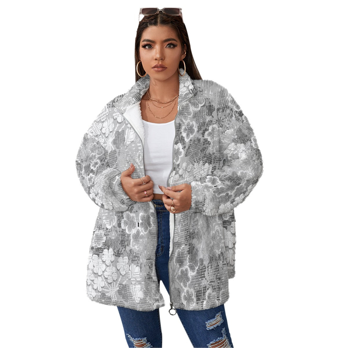 All-Over Print Unisex Borg Fleece Stand-up Collar Coat With Zipper Closure(Plus Size)