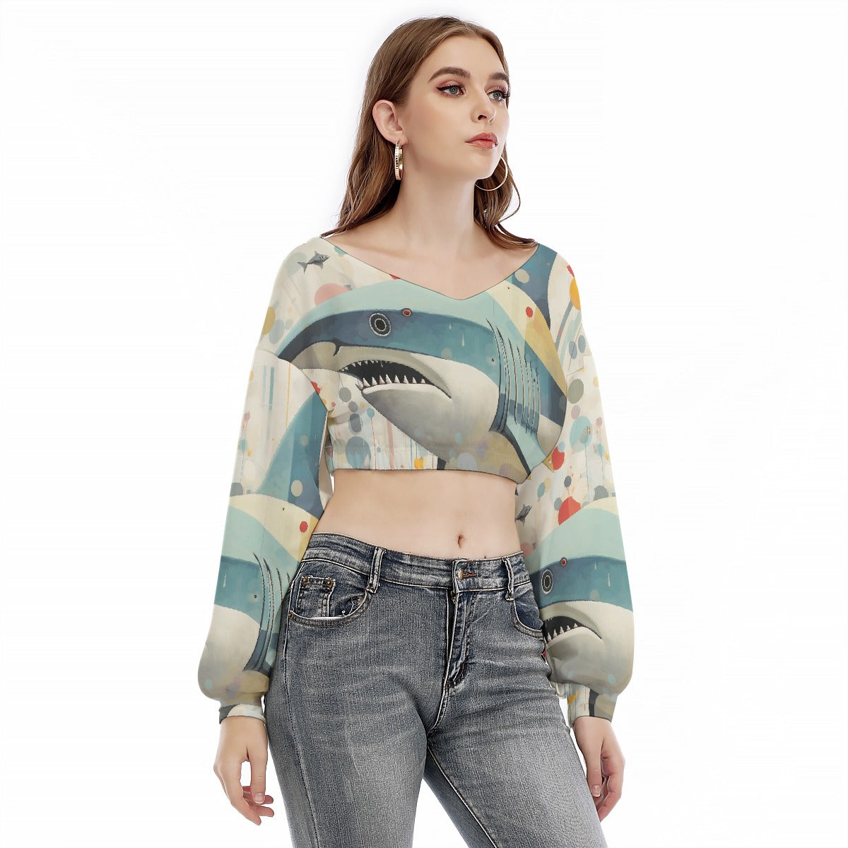 All-Over Print Women's V-neck Long Sleeve Cropped Sweatshirt