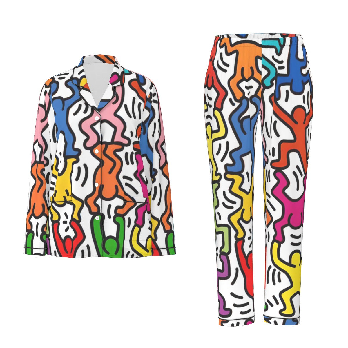 All-Over Print Women's Long Sleeve Pajama Set With Black Contrast Piping