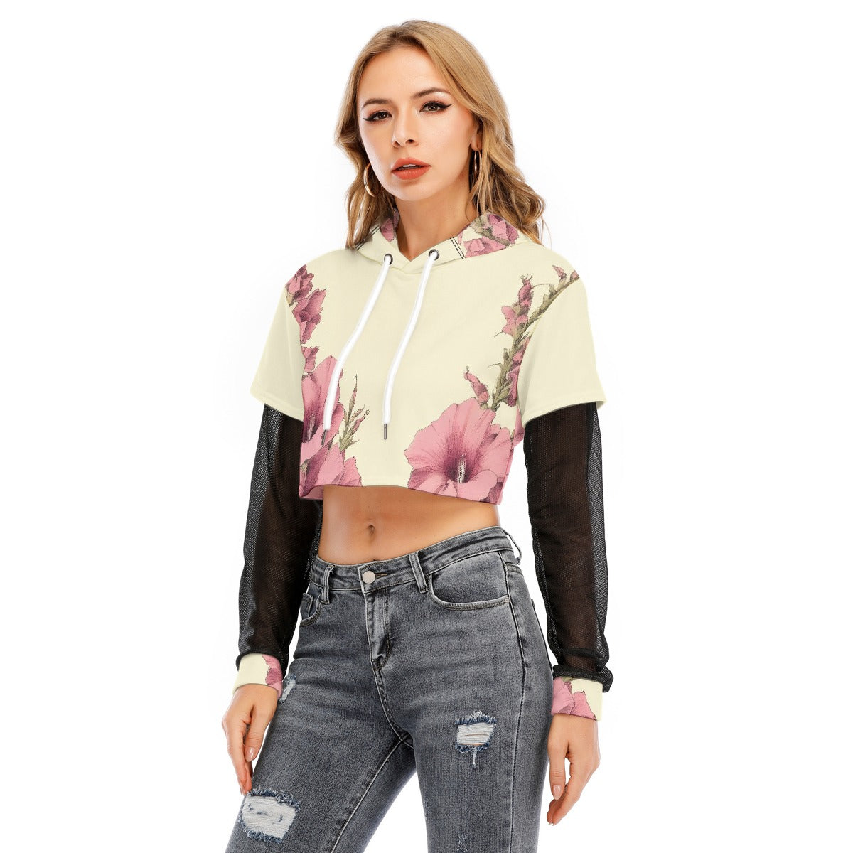 All-Over Print Women's Fake Two-piece Mesh Sleeve Cropped Hoodie