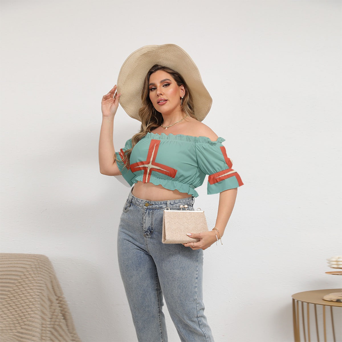 All-Over Print Women's Off-shoulder Cropped Top With Short Puff Sleeve