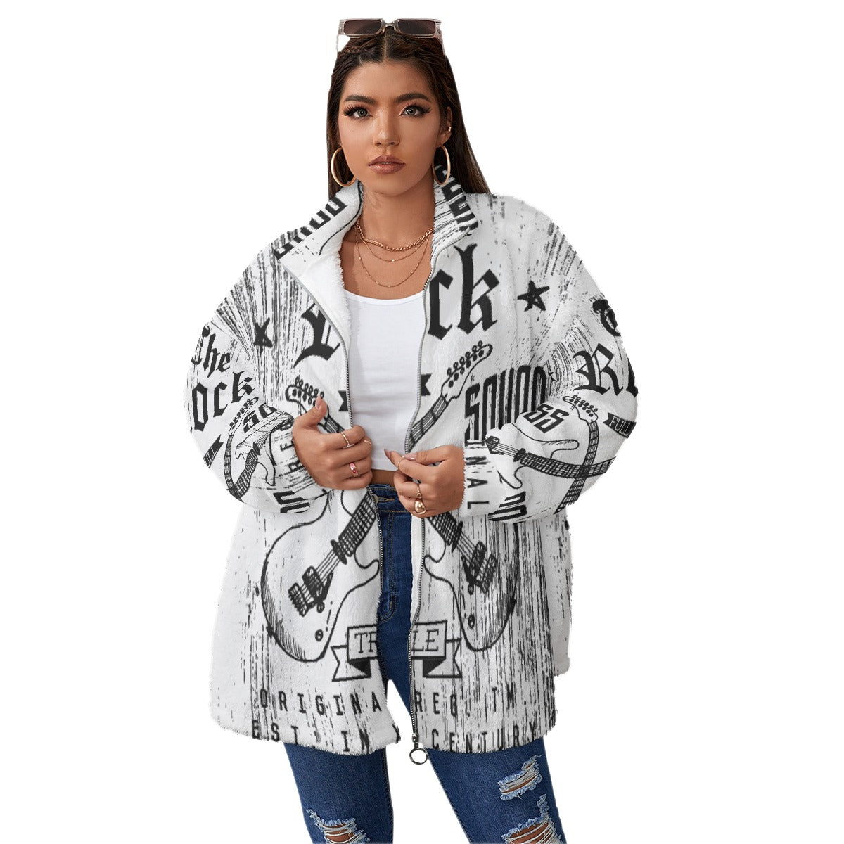 All-Over Print Unisex Borg Fleece Stand-up Collar Coat With Zipper Closure(Plus Size)