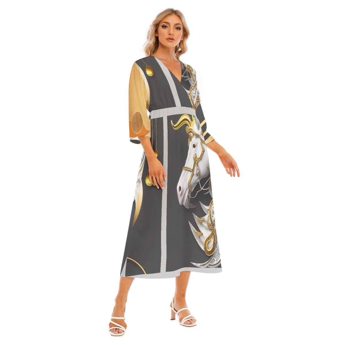 All-Over Print Women's Mid-Sleeve Long Dress