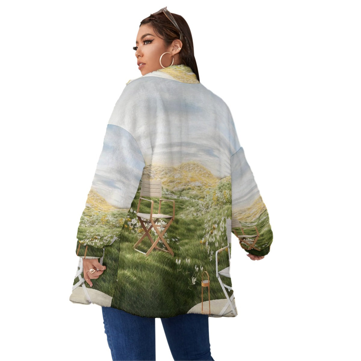 All-Over Print Unisex Borg Fleece Stand-up Collar Coat With Zipper Closure(Plus Size)