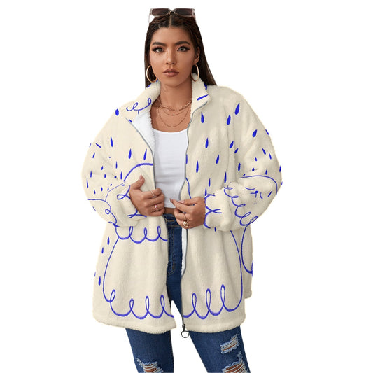 All-Over Print Unisex Borg Fleece Stand-up Collar Coat With Zipper Closure(Plus Size)