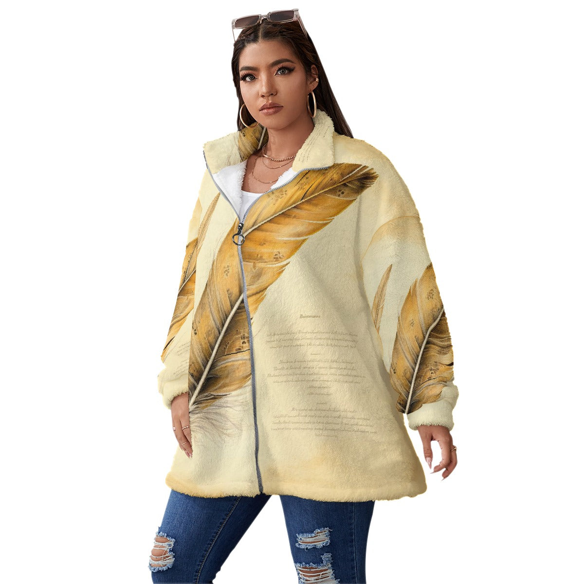 All-Over Print Unisex Borg Fleece Stand-up Collar Coat With Zipper Closure(Plus Size)