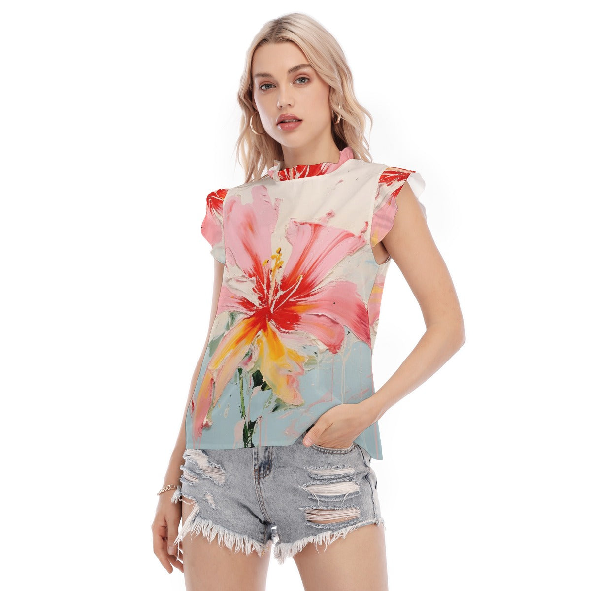 All-Over Print Women's Blouse With Ruffle Collar And Sleeve