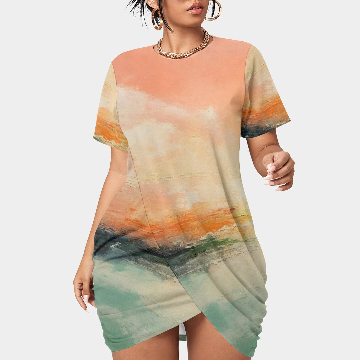 All-Over Print Women’s Stacked Hem Dress With Short Sleeve（Plus Size）