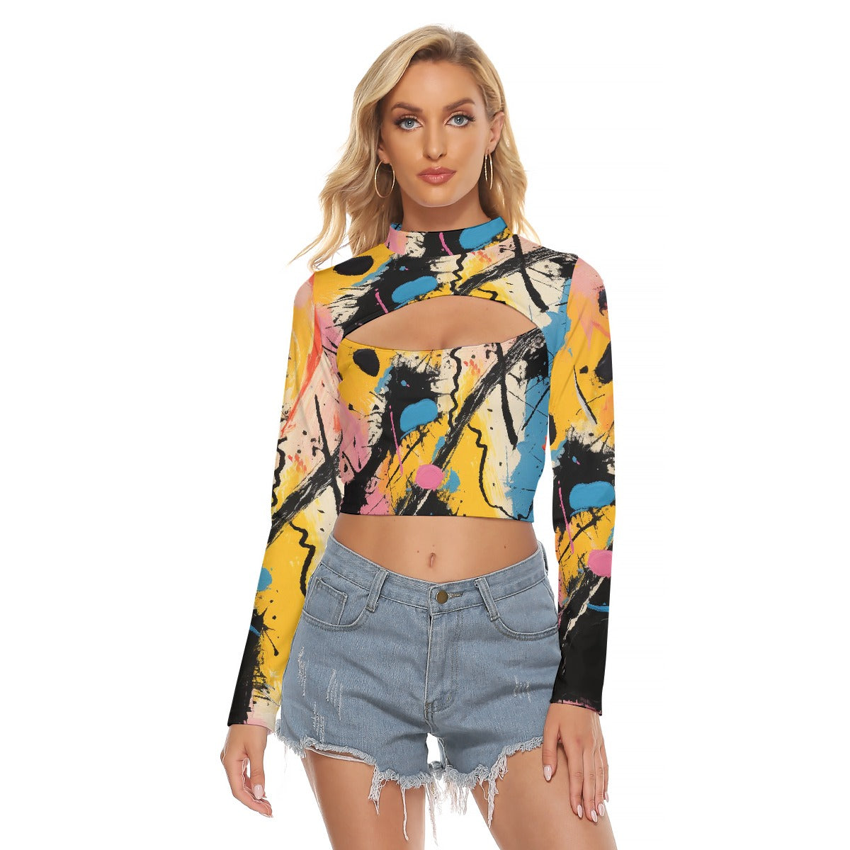 All-Over Print Women's Hollow Chest Keyhole Tight Crop Top