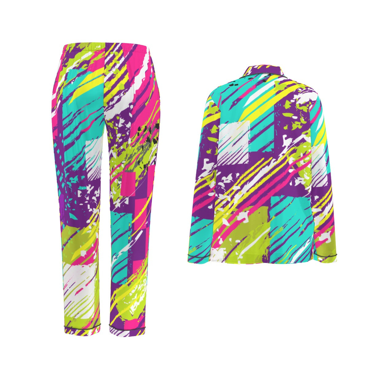 All-Over Print Women's Long Sleeve Pajama Set With Black Contrast Piping