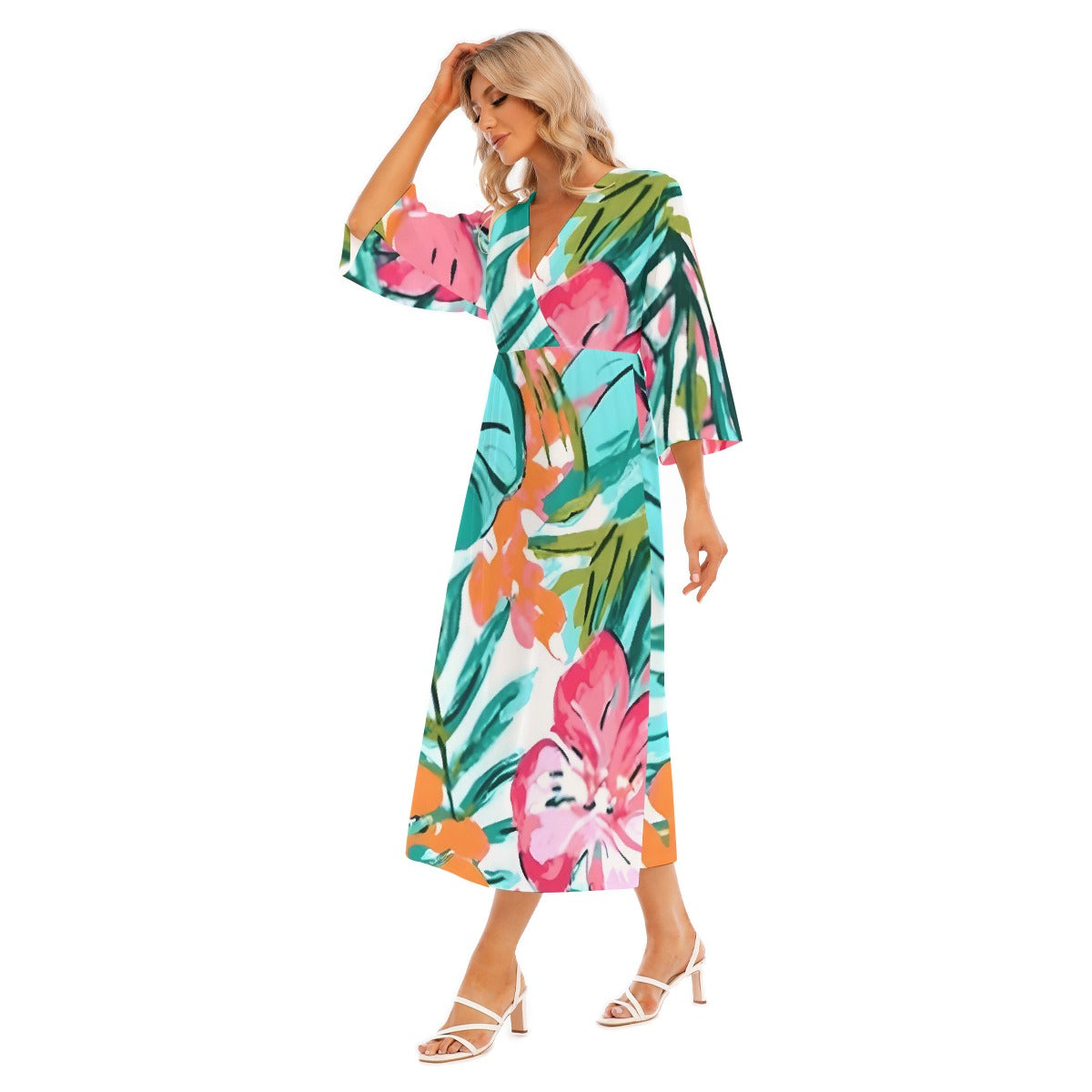 All-Over Print Women's Mid-Sleeve Long Dress