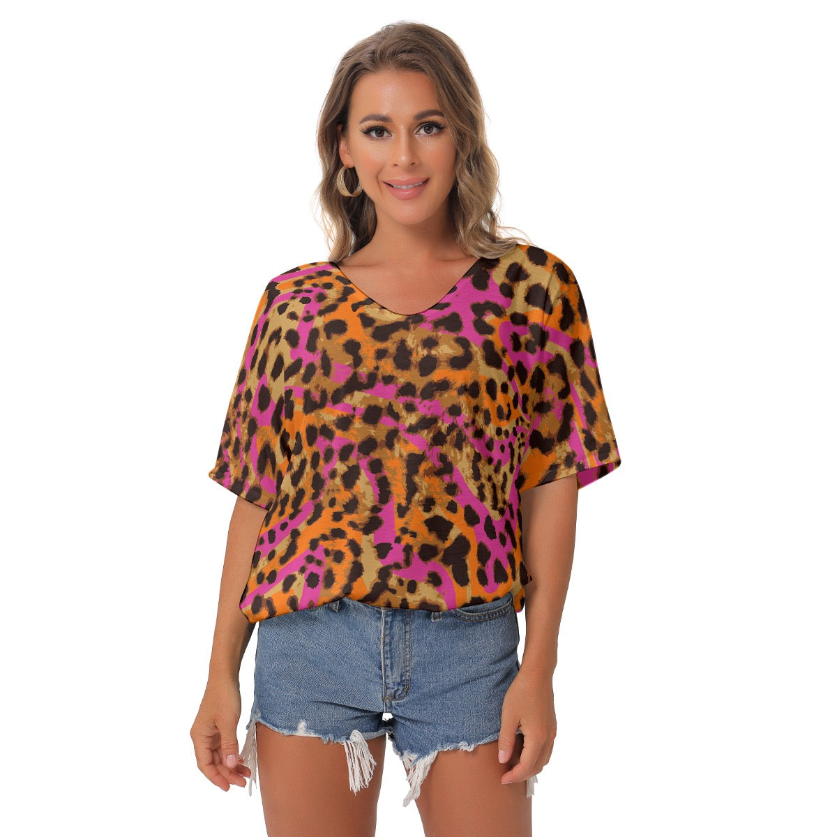 All-Over Print Women's Bat Sleeves V-Neck Blouse