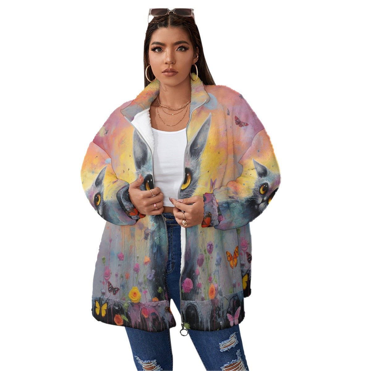 All-Over Print Unisex Borg Fleece Stand-up Collar Coat With Zipper Closure(Plus Size)
