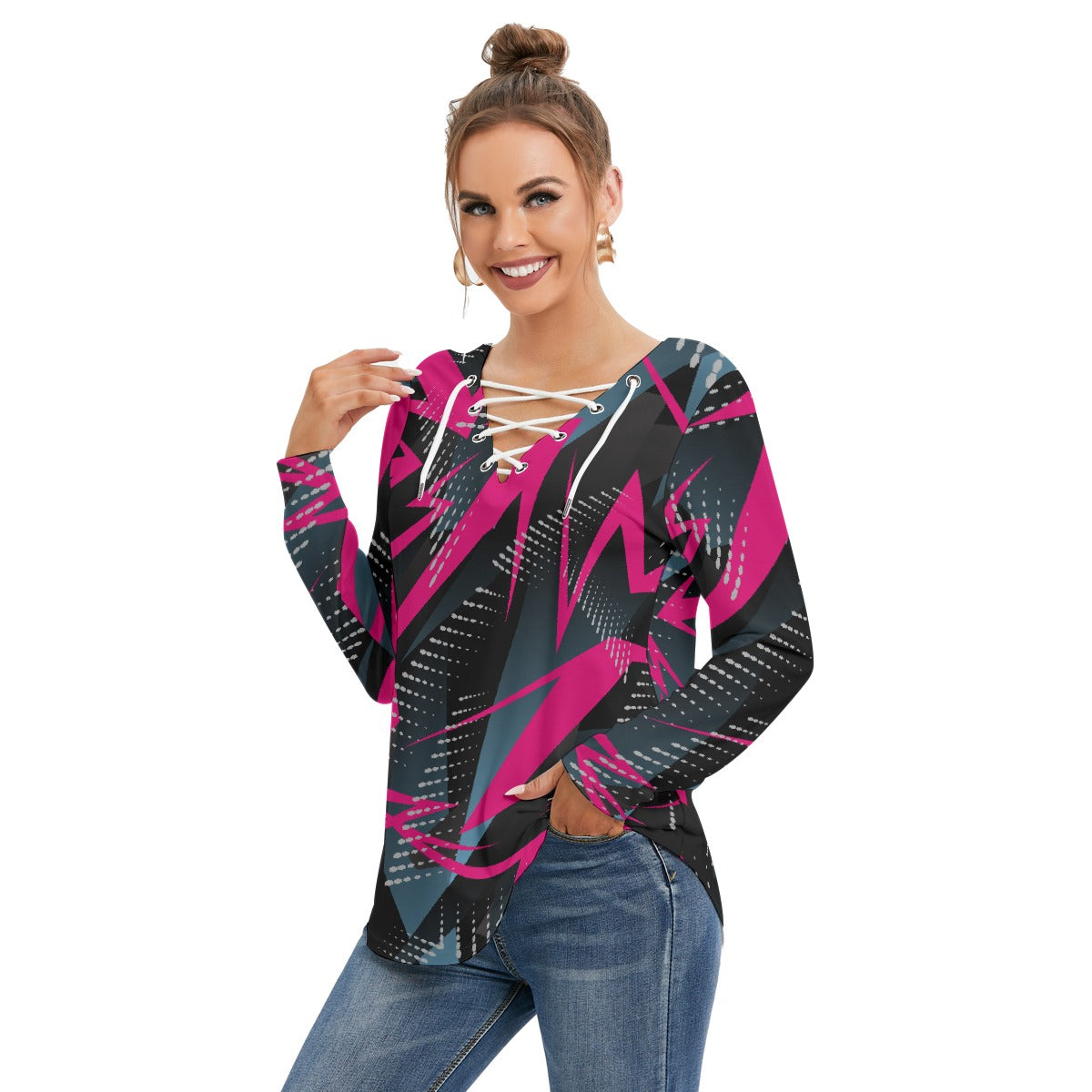 All-Over Print Women's Long Sleeve Neckline Tie Sweatshirt