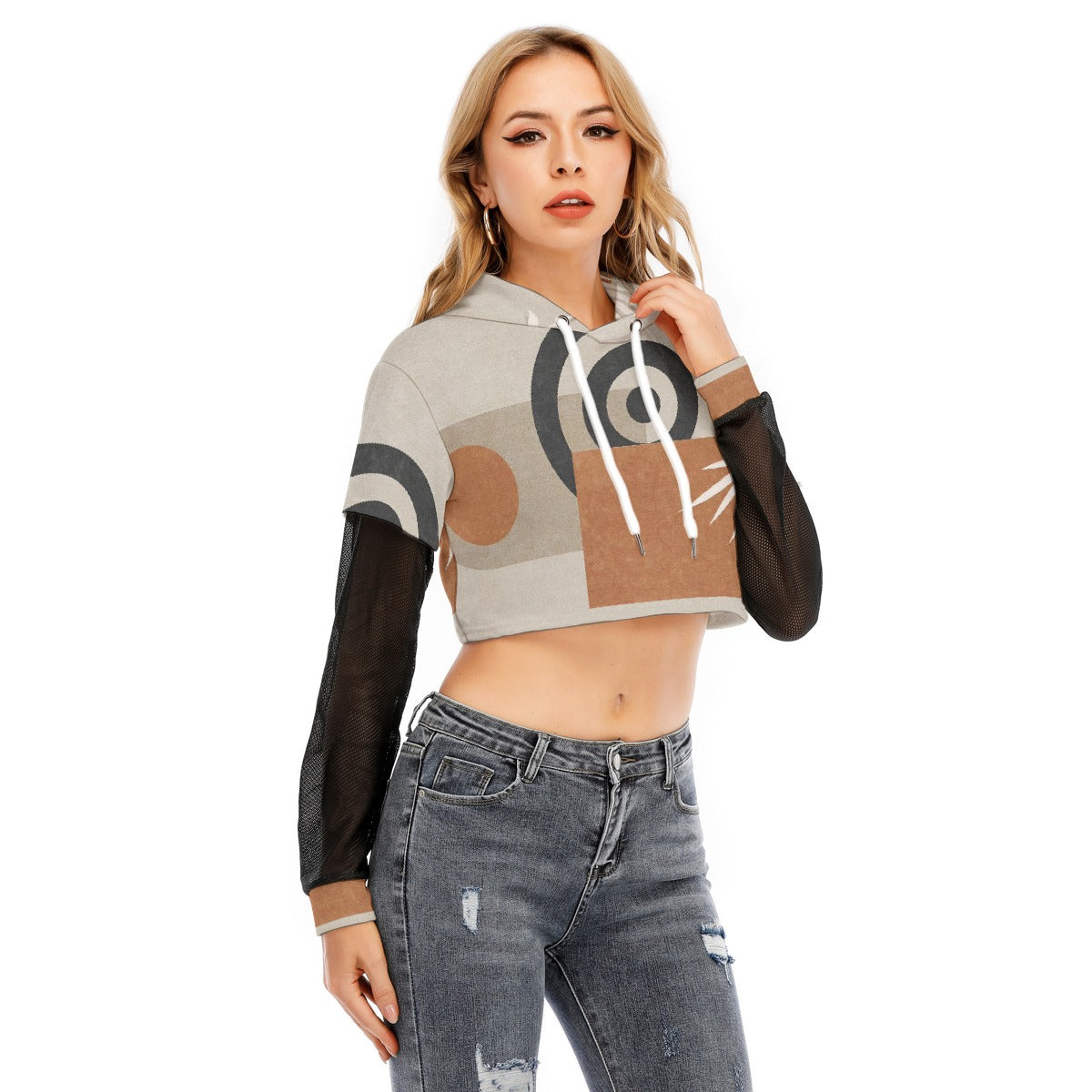 All-Over Print Women's Fake Two-piece Mesh Sleeve Cropped Hoodie