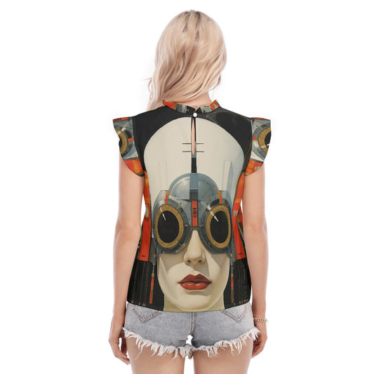 All-Over Print Women's Blouse With Ruffle Collar And Sleeve