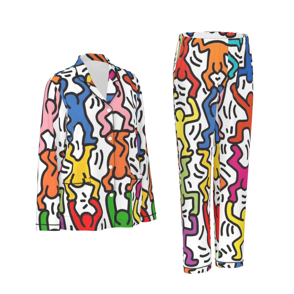 All-Over Print Women's Long Sleeve Pajama Set With Black Contrast Piping