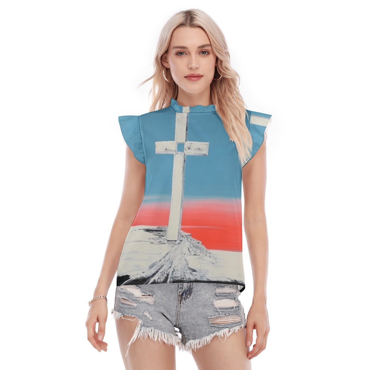 All-Over Print Women's Blouse With Ruffle Collar And Sleeve