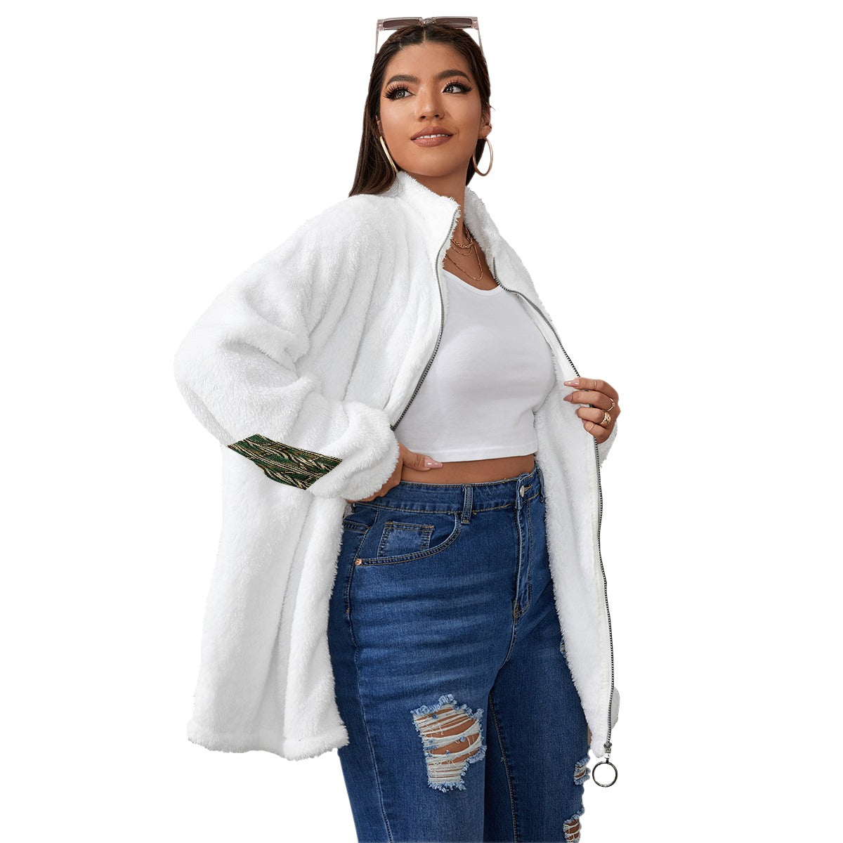 All-Over Print Unisex Borg Fleece Stand-up Collar Coat With Zipper Closure(Plus Size)