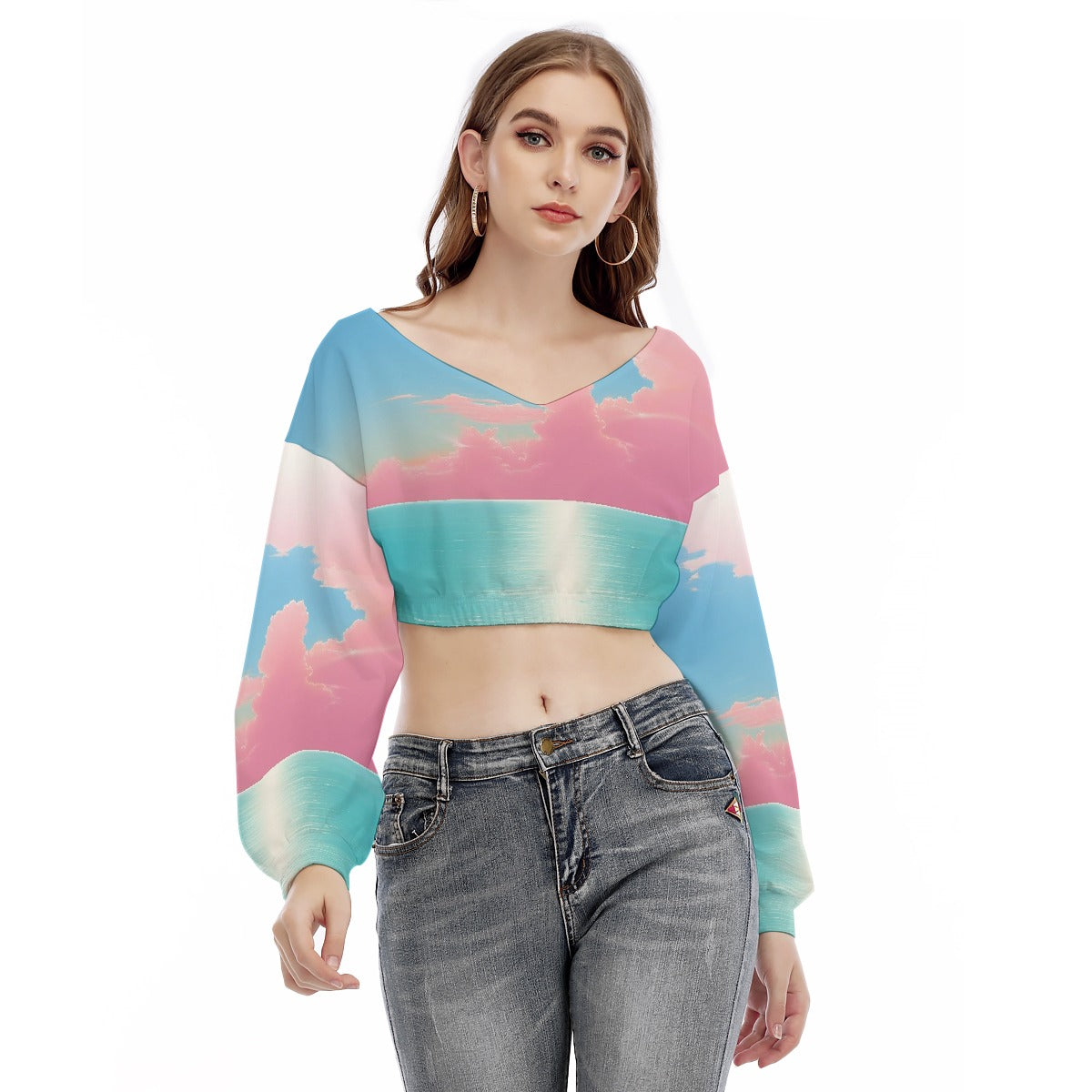All-Over Print Women's V-neck Long Sleeve Cropped Sweatshirt