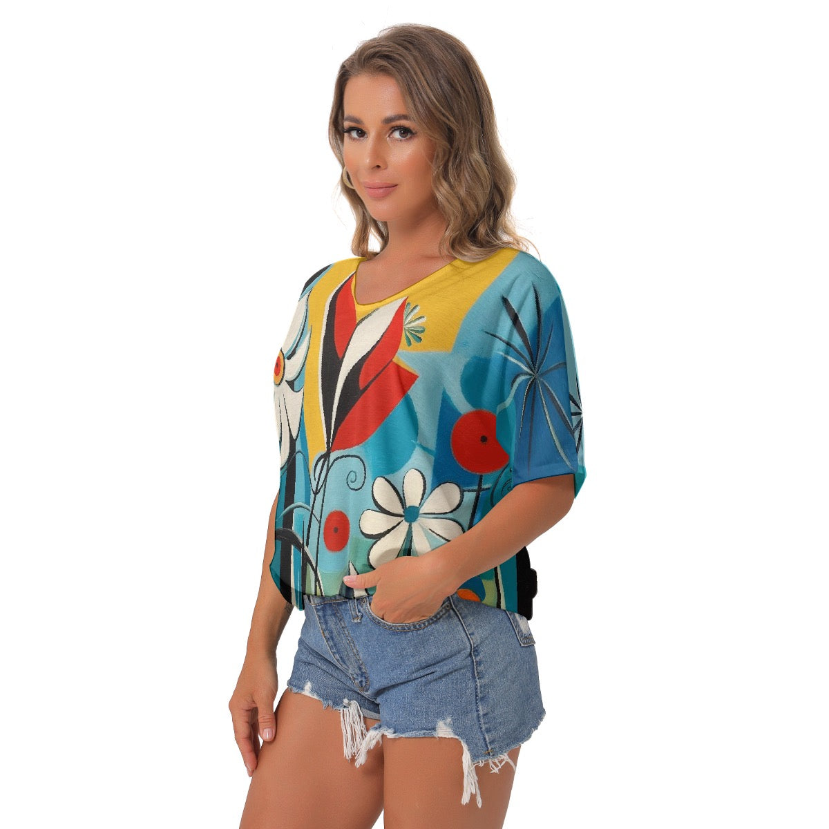 All-Over Print Women's Bat Sleeves V-Neck Blouse