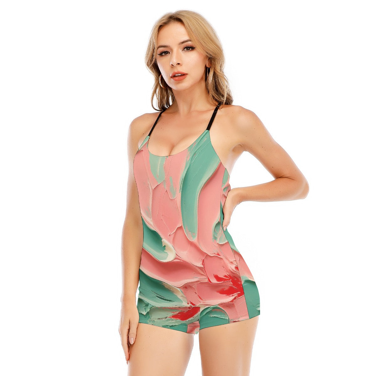 All-Over Print Women's Backless Romper With Black Straps