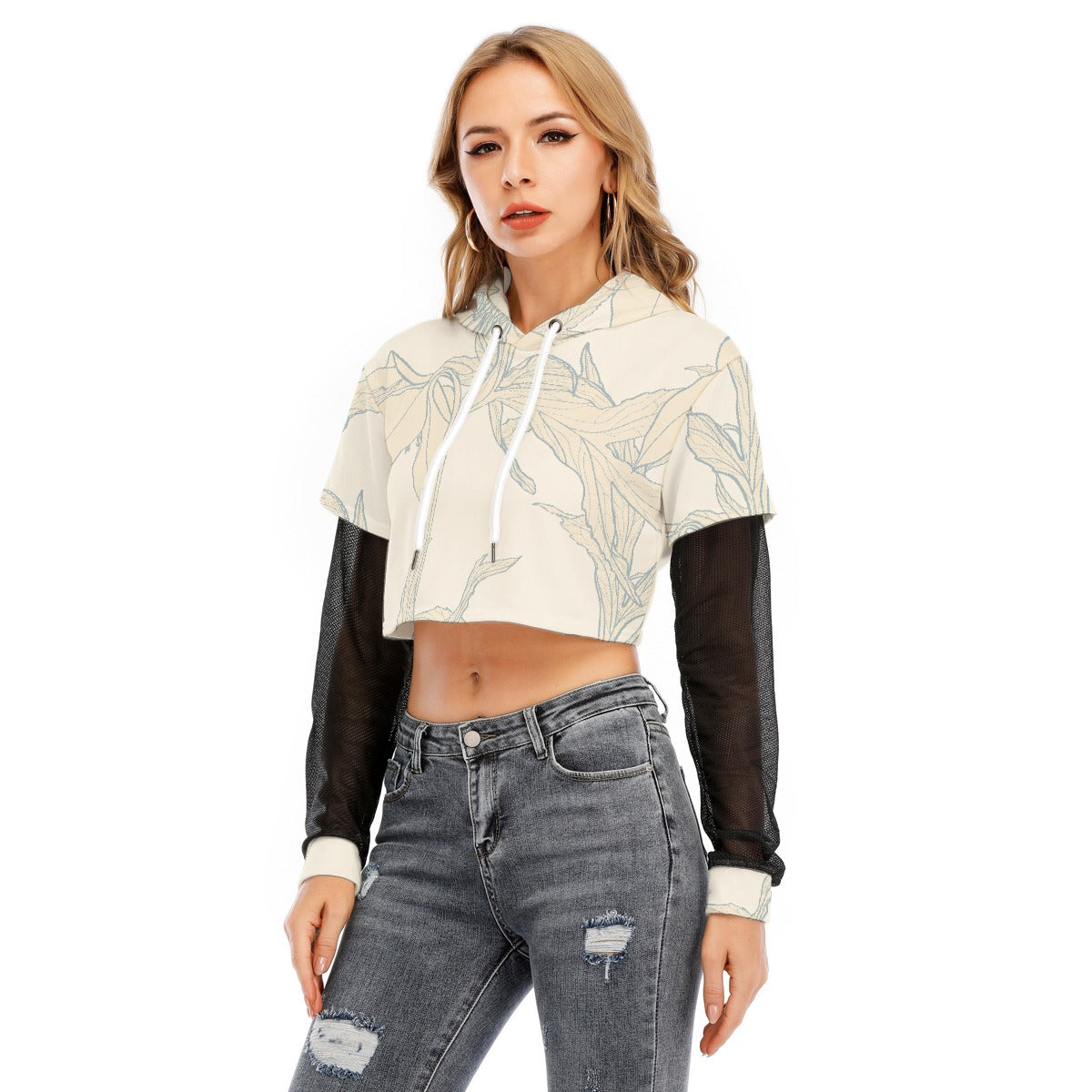 All-Over Print Women's Fake Two-piece Mesh Sleeve Cropped Hoodie