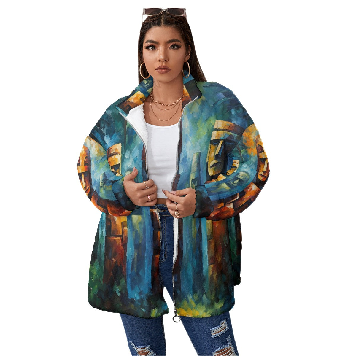All-Over Print Unisex Borg Fleece Stand-up Collar Coat With Zipper Closure(Plus Size)
