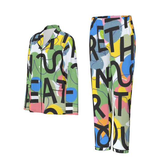 All-Over Print Women's Long Sleeve Pajama Set With Black Contrast Piping