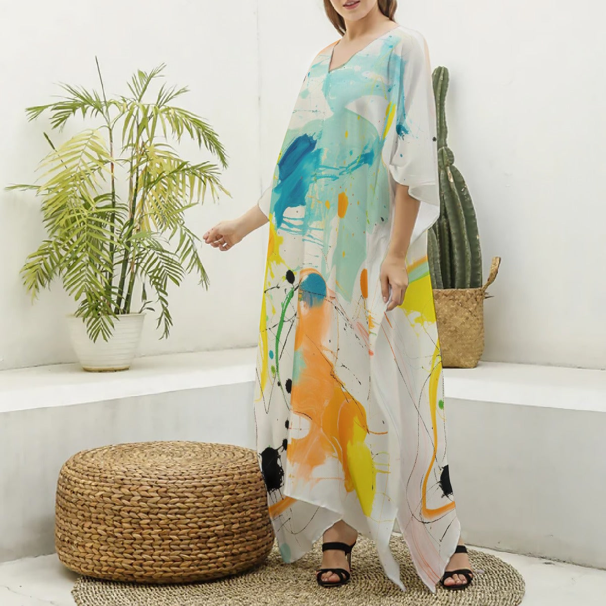 All-Over Print Women's Imitation Silk V-neck Kaftan Robe