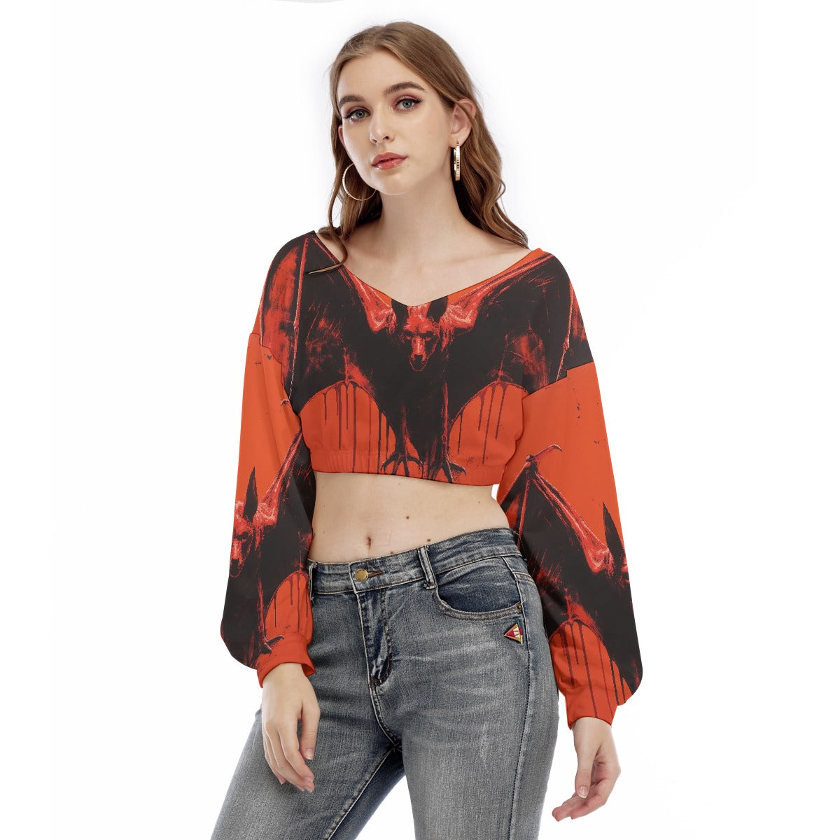 All-Over Print Women's V-neck Long Sleeve Cropped Sweatshirt