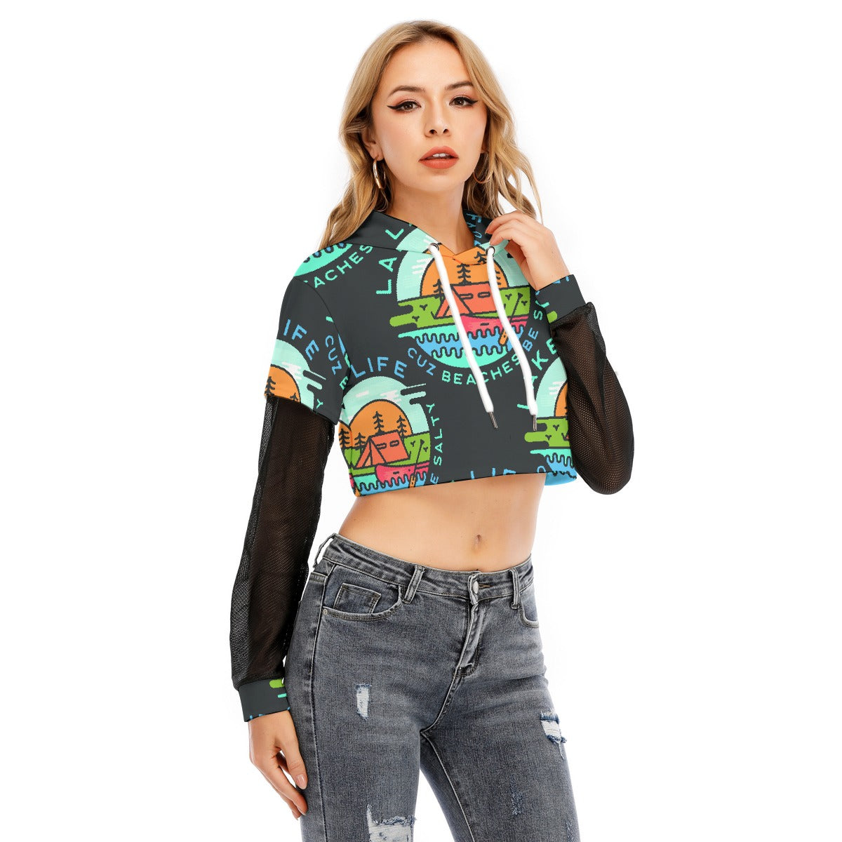 All-Over Print Women's Fake Two-piece Mesh Sleeve Cropped Hoodie