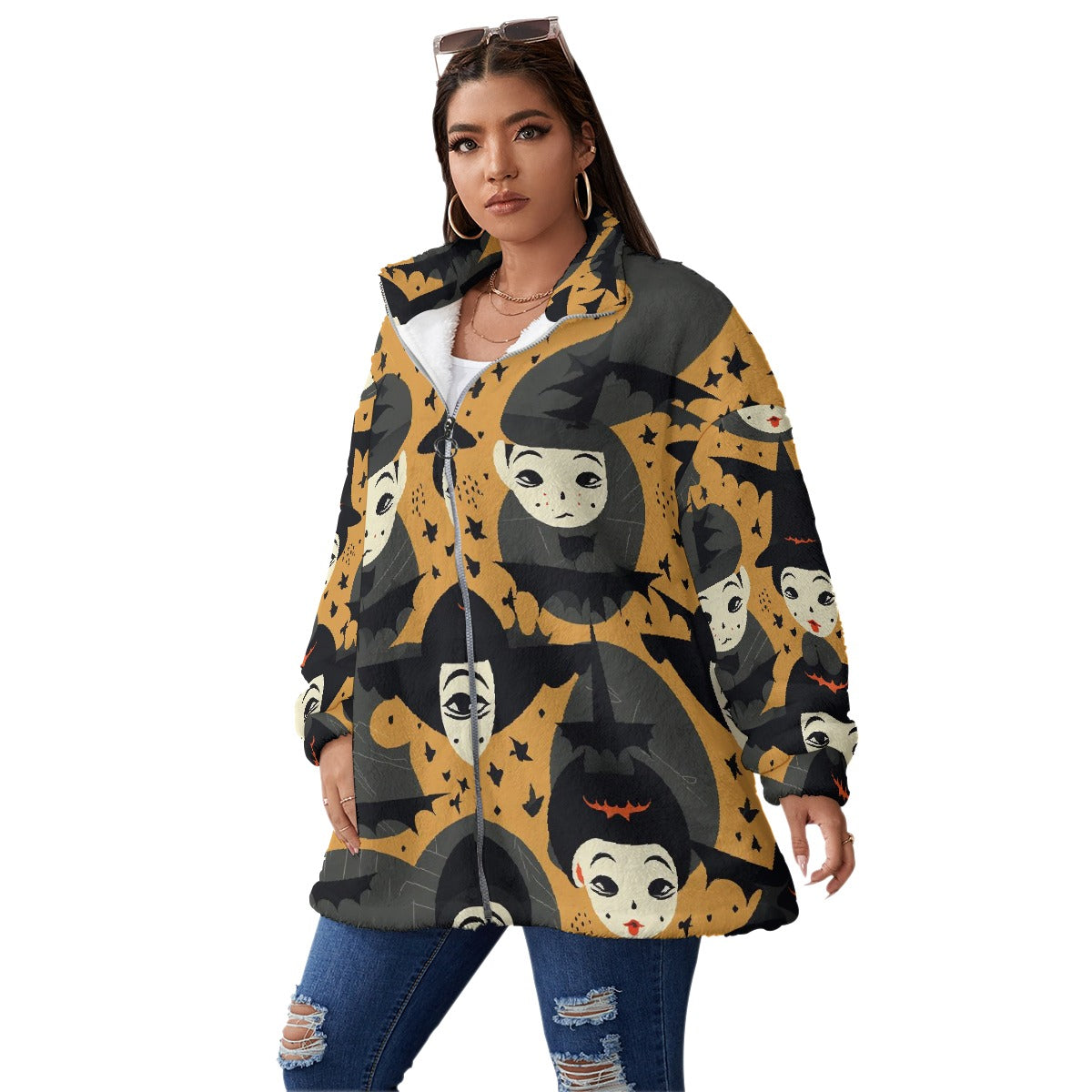 All-Over Print Unisex Borg Fleece Stand-up Collar Coat With Zipper Closure(Plus Size)