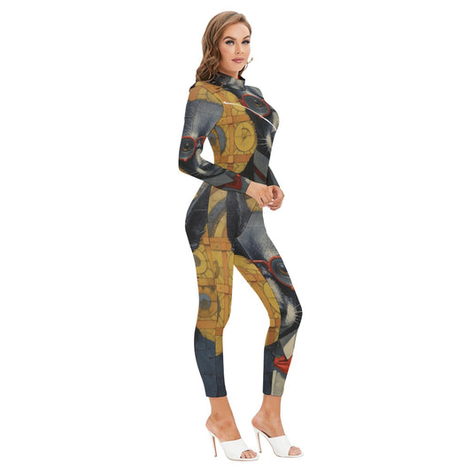 All-Over Print Women's Long-sleeved High-neck Jumpsuit With Zipper