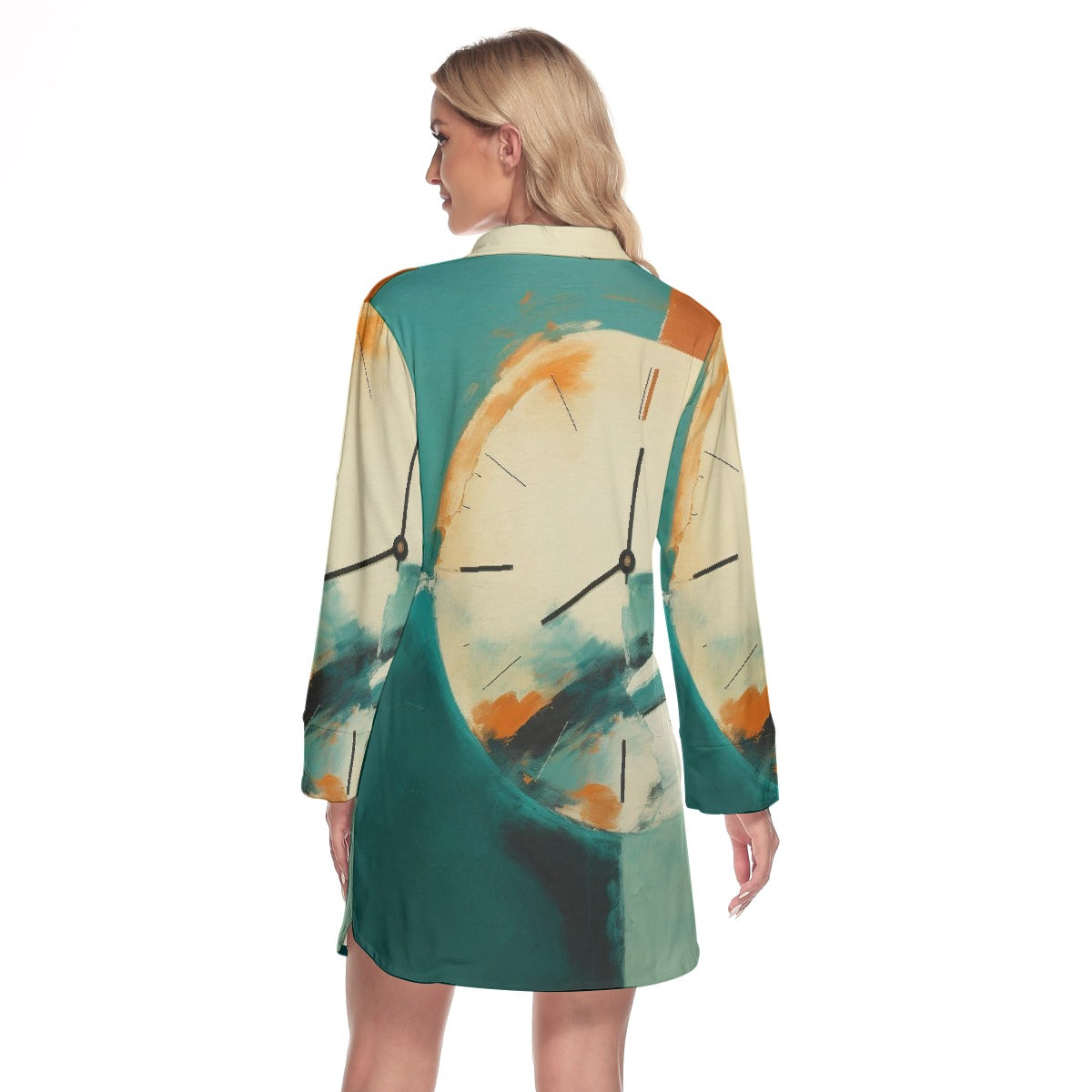 All-Over Print Women's Lapel Shirt Dress With Long Sleeve