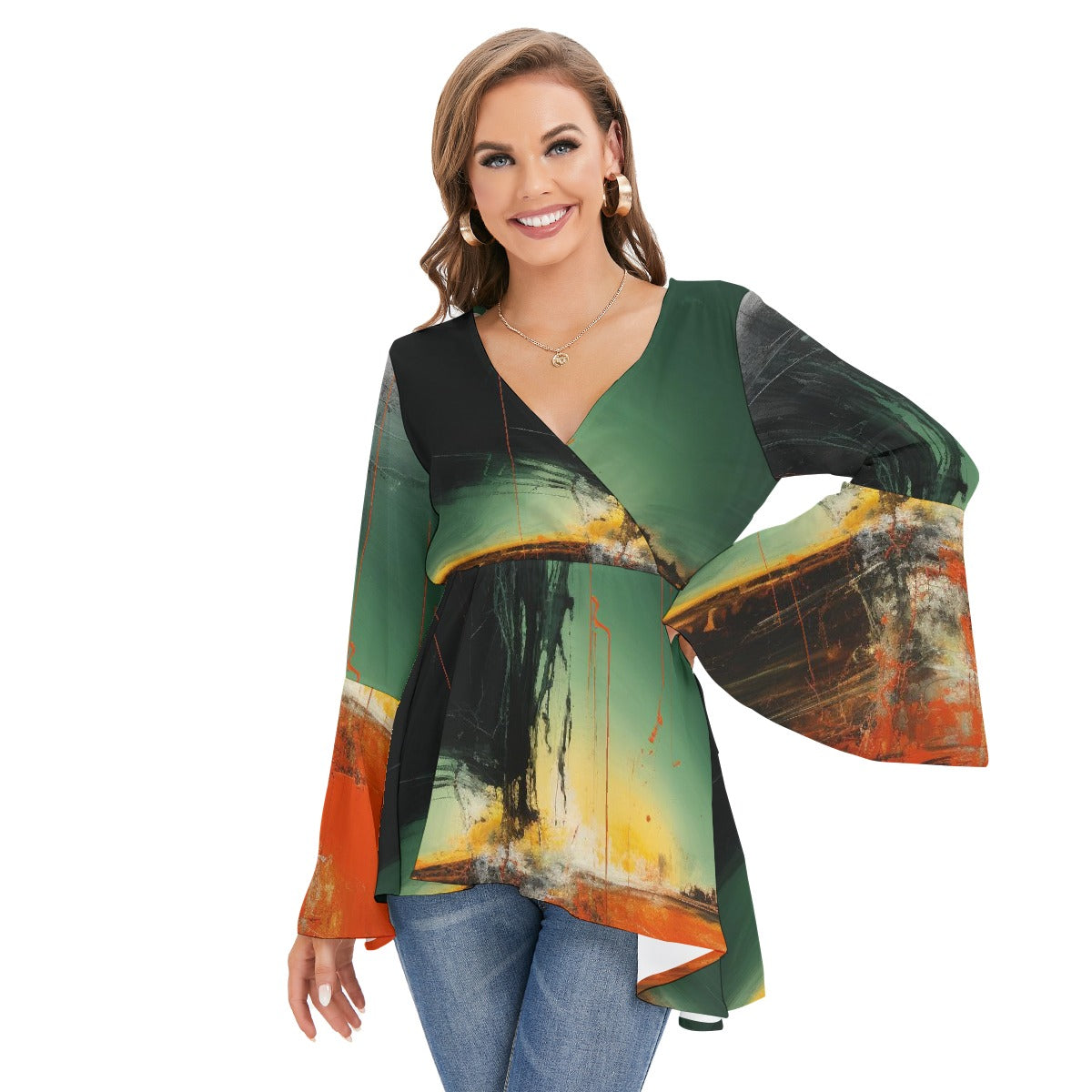 All-Over Print Women's V-neck Blouse With Flared Sleeves