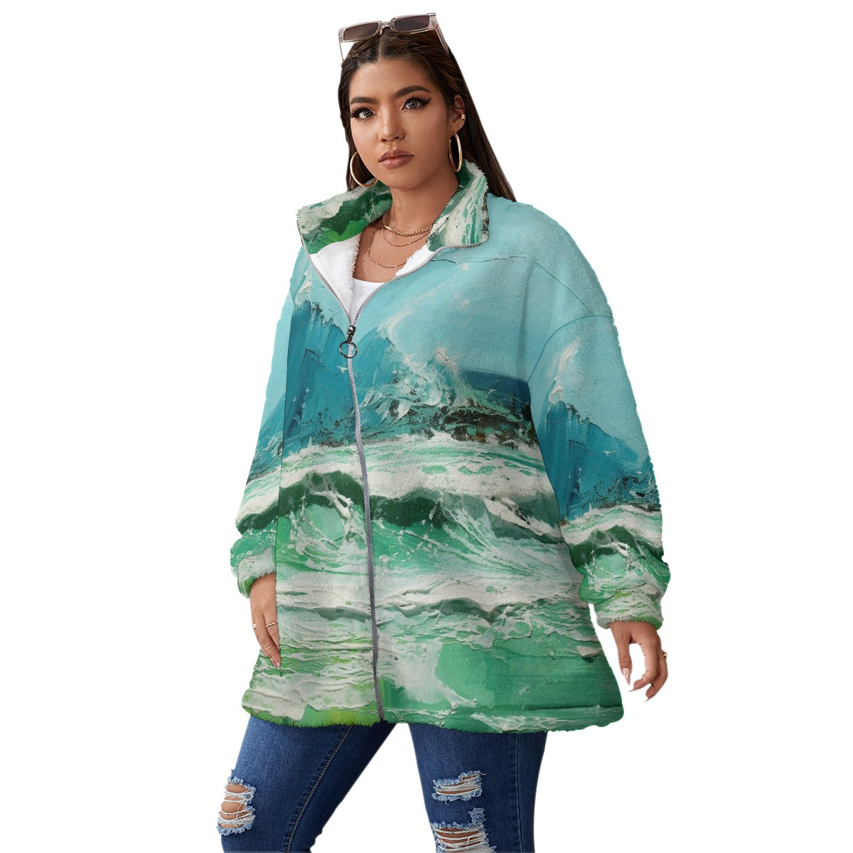 All-Over Print Unisex Borg Fleece Stand-up Collar Coat With Zipper Closure(Plus Size)