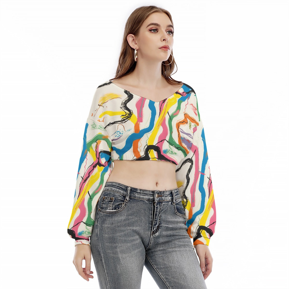 All-Over Print Women's V-neck Long Sleeve Cropped Sweatshirt