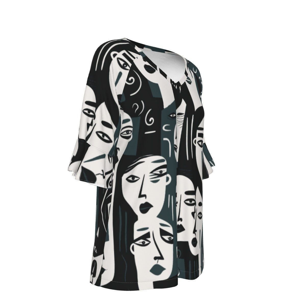 All-Over Print V-neck Women's T-shirt With Bell Sleeve