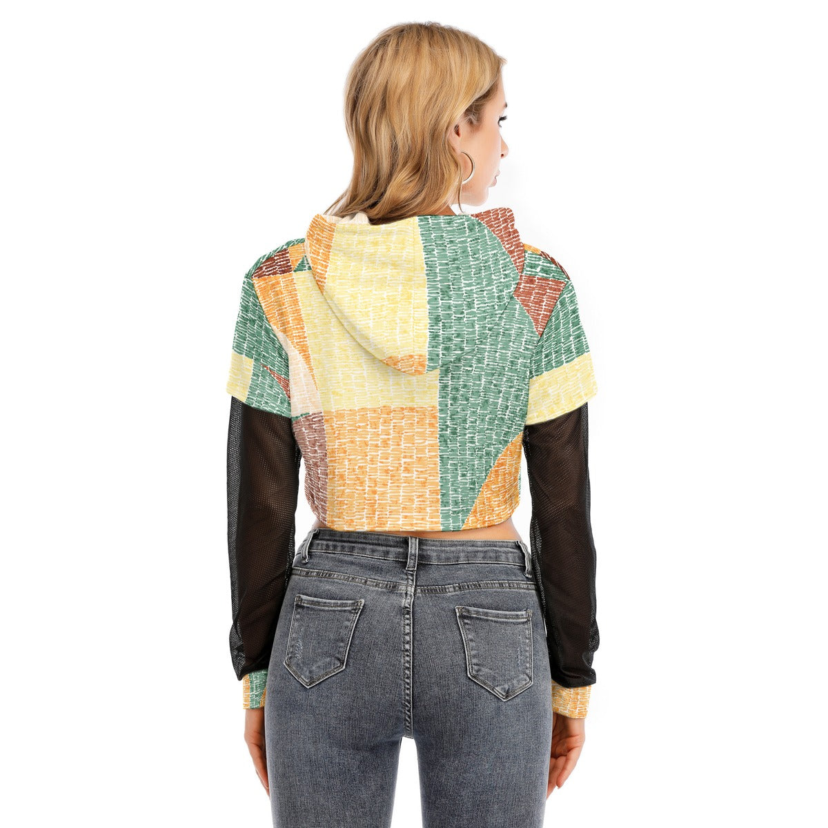 All-Over Print Women's Fake Two-piece Mesh Sleeve Cropped Hoodie