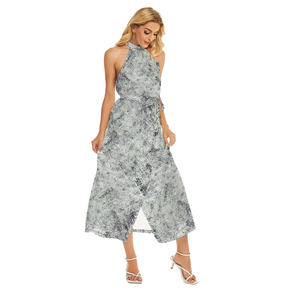 All-Over Print Women's Wrap Hem Belted Halter Dress