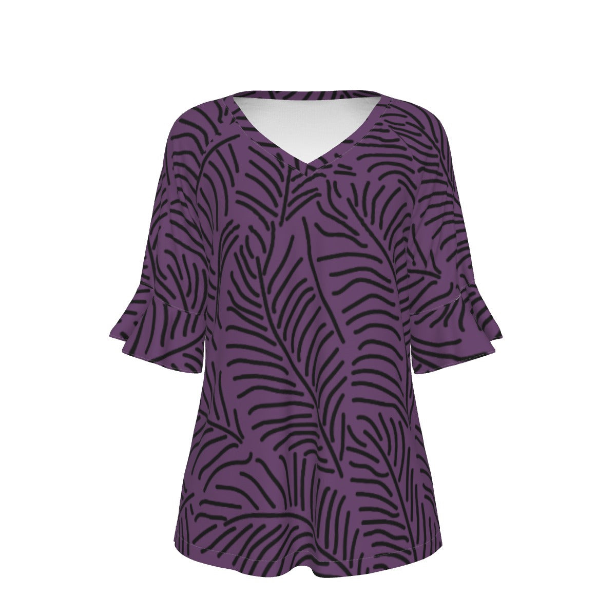 All-Over Print V-neck Women's T-shirt With Bell Sleeve