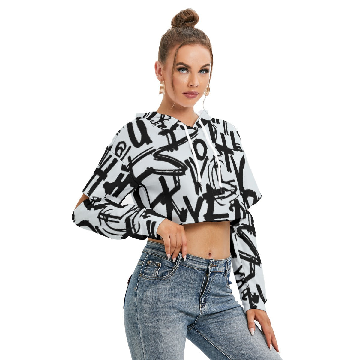 All-Over Print Women's Heavy Fleece Hoodie With Hollow Out Sleeve