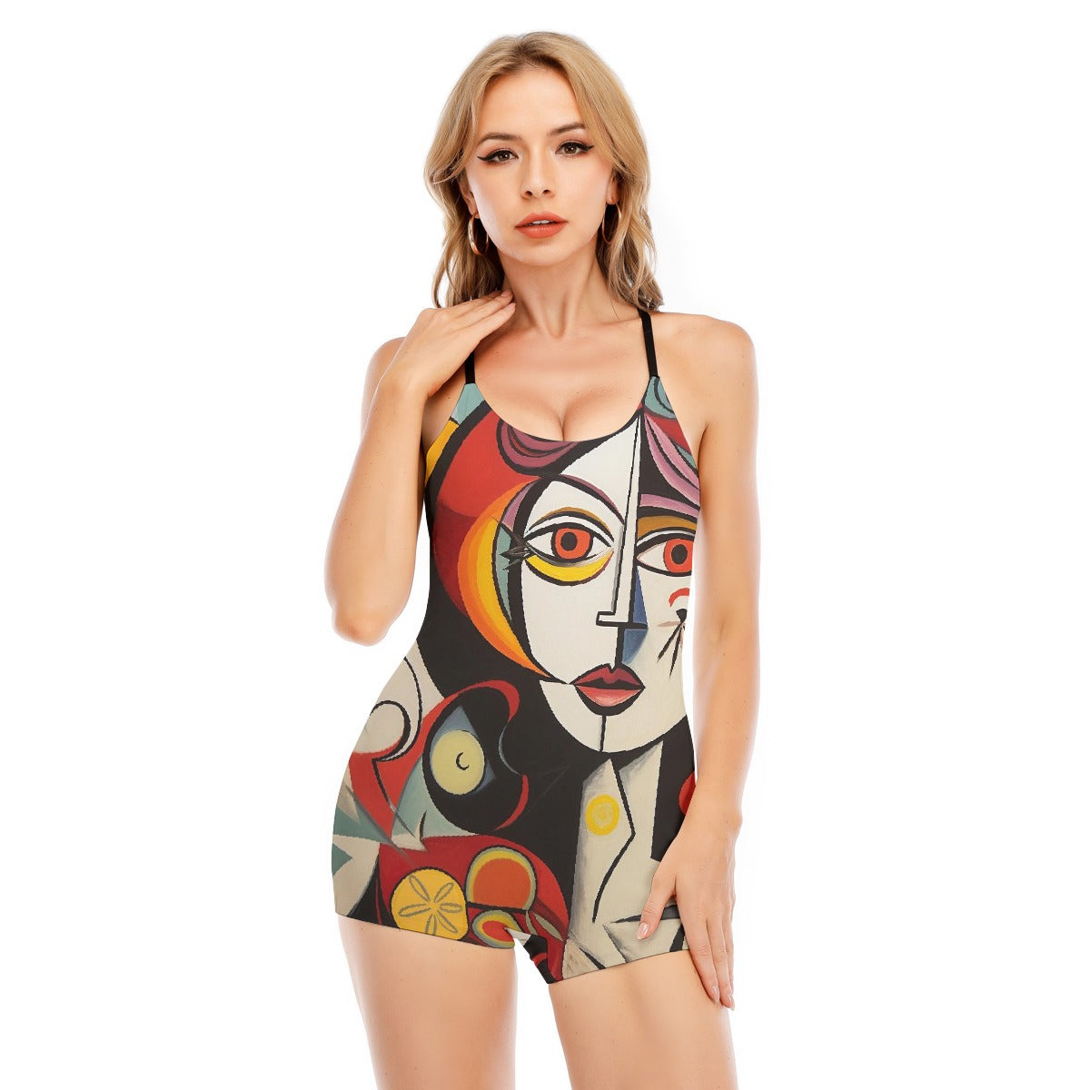 All-Over Print Women's Backless Romper With Black Straps