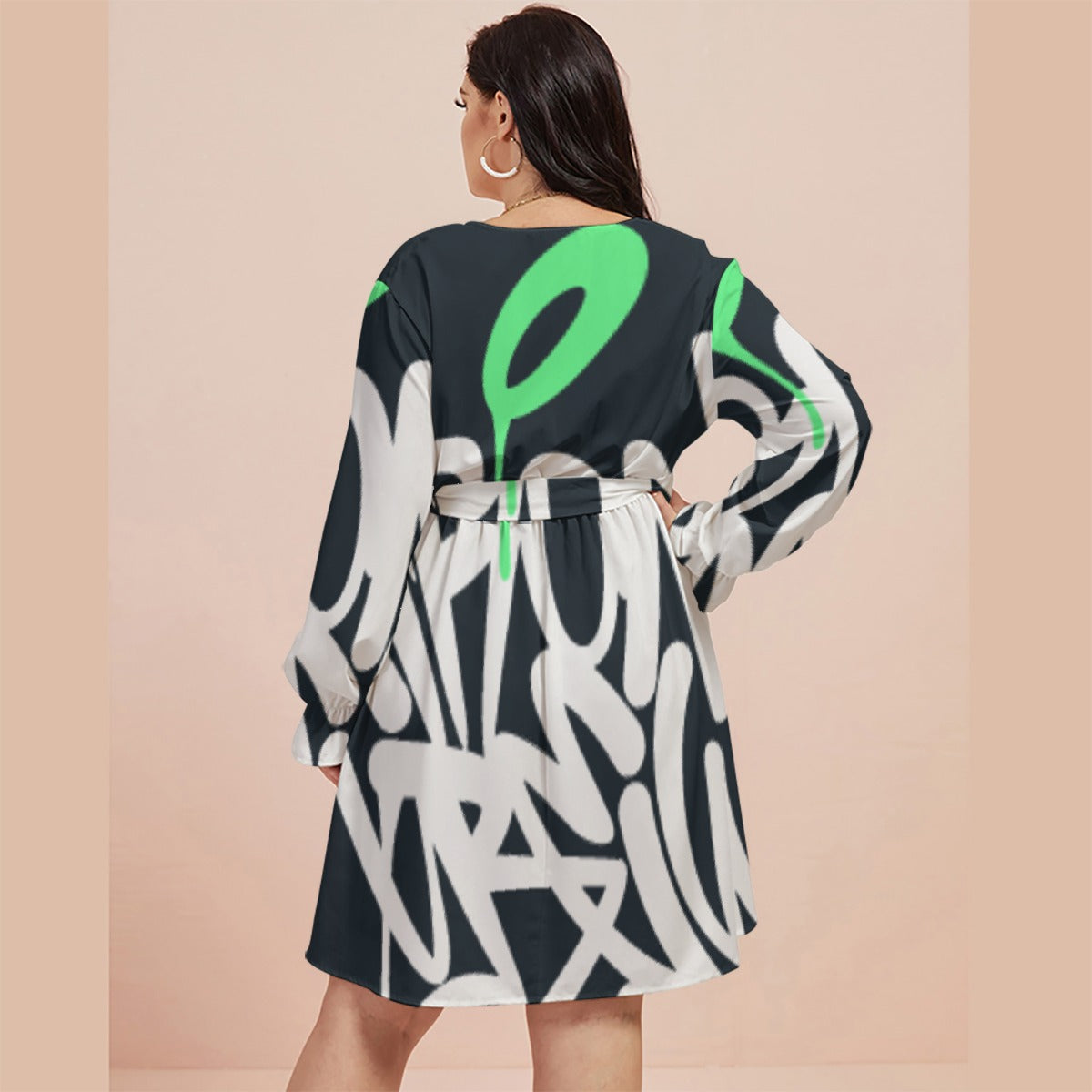 All-Over Print Women's V-neck Dress With Waistband(Plus Size)