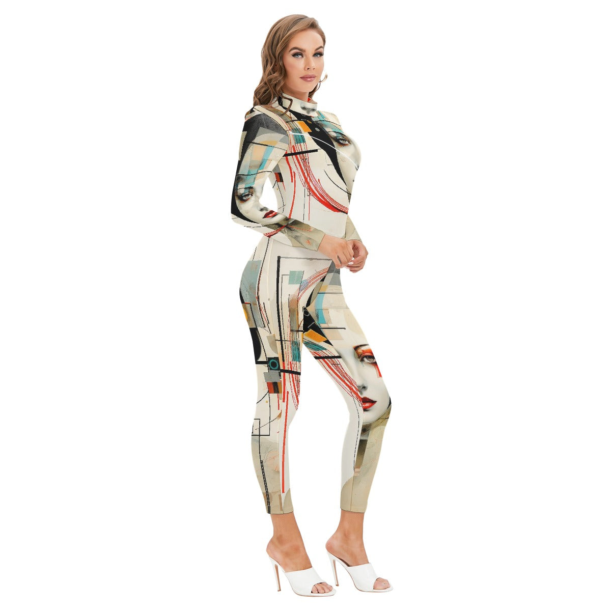 All-Over Print Women's Long-sleeved High-neck Jumpsuit With Zipper