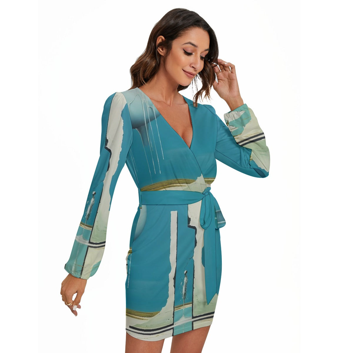 All-Over Print Women's Long Sleeve Dress With Waist Belt