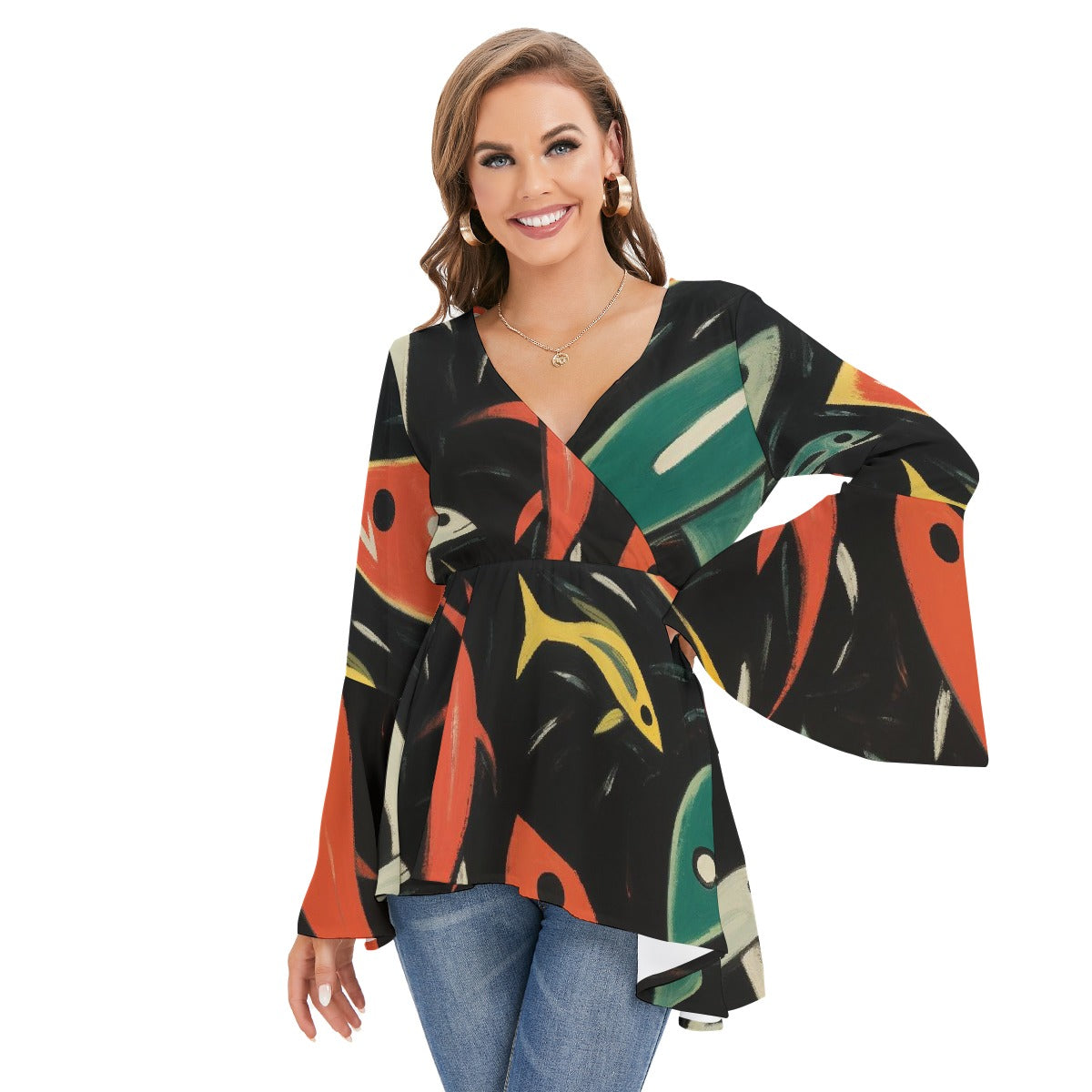 All-Over Print Women's V-neck Blouse With Flared Sleeves